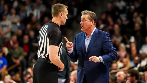 Jan 23, 2024; Columbia, South Carolina, USA; Kentucky Wildcats head coach John Calipari disputes a call against the South Carolina Gamecocks in the second half at Colonial Life Arena. Mandatory Credit: Jeff Blake-USA TODAY Sports